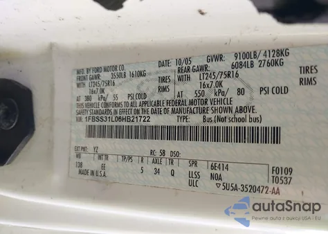 2006 Ford E-350 Super Duty Xl/Xlt from USA, damaged, VIN 1FBSS31L06HB21722